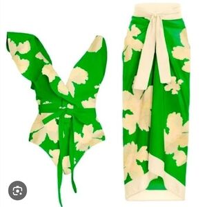 Ruffle Green and Cream Floral Swimsuit Set